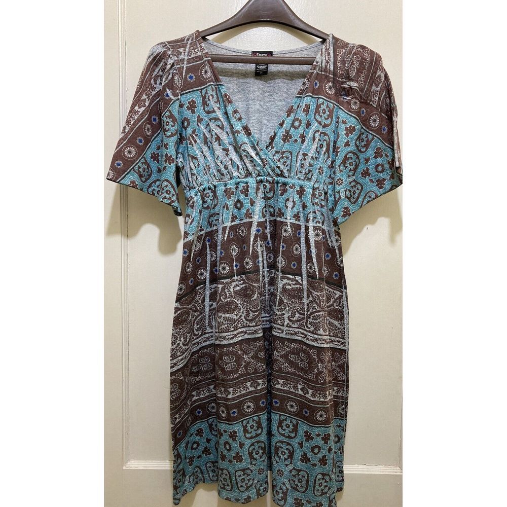 Cocomo Dress Small Teal Brown Geometric V-Neck Babydoll Short Sleeve Knee Length